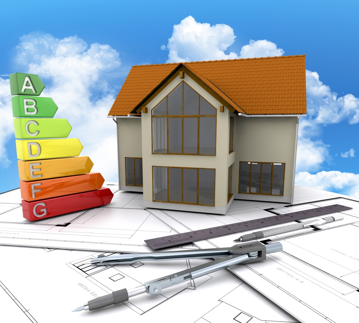Maison présentée à côté d’un diagnostic de performance énergétique et de plans de construction.